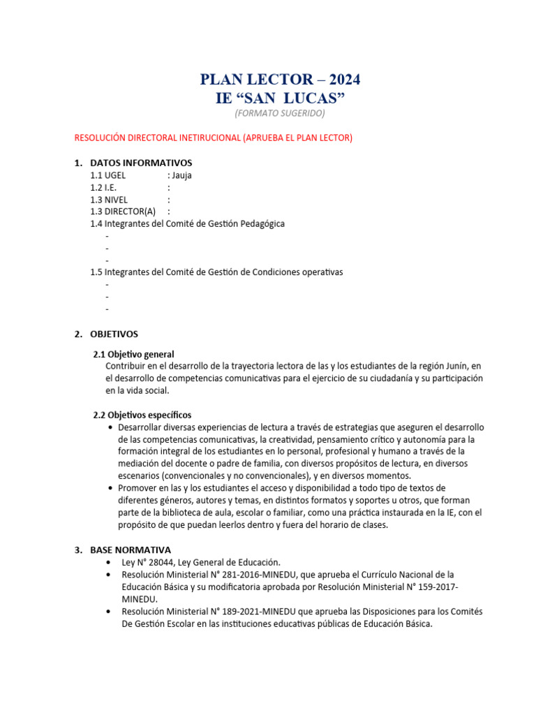 Formato Sugerido Plan Lector 2024 Pdf Educación Primaria