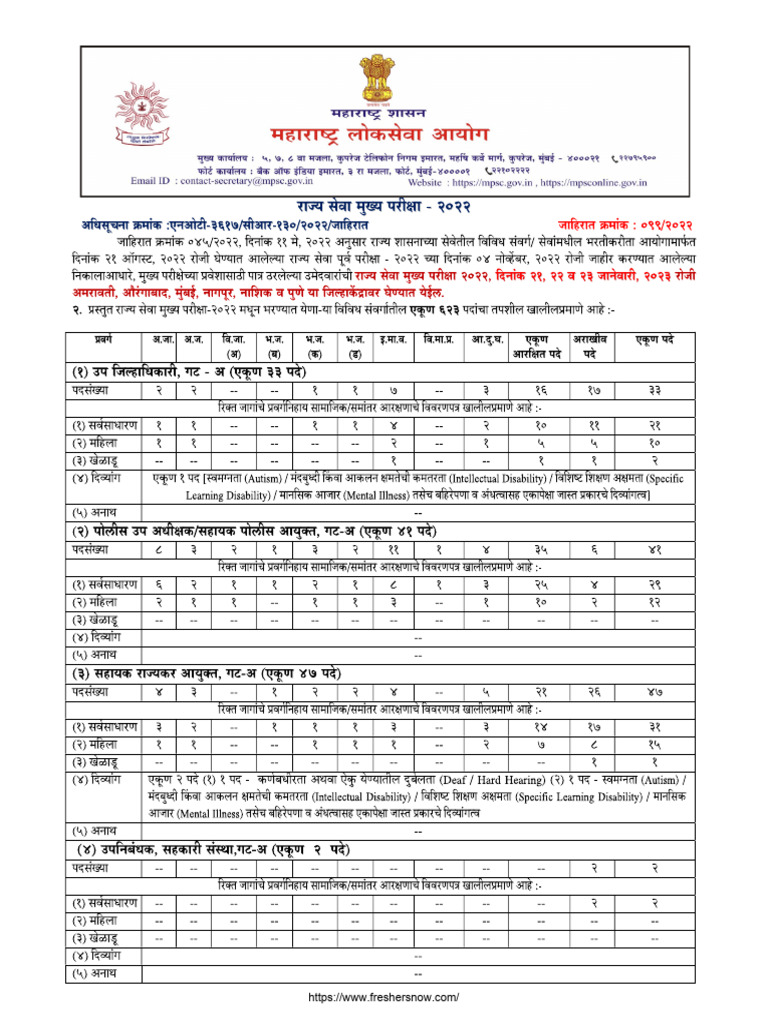 MPSC State Services Main Exam Notification | PDF