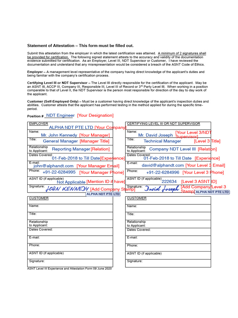 Statement of Attestation (Sample) | PDF | Nondestructive Testing