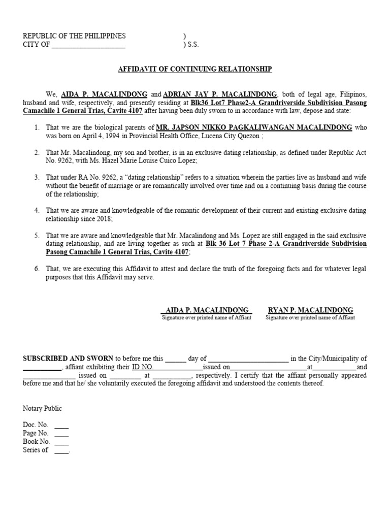 Affidavit of Continuing Relationship | Download Free PDF | Affidavit ...