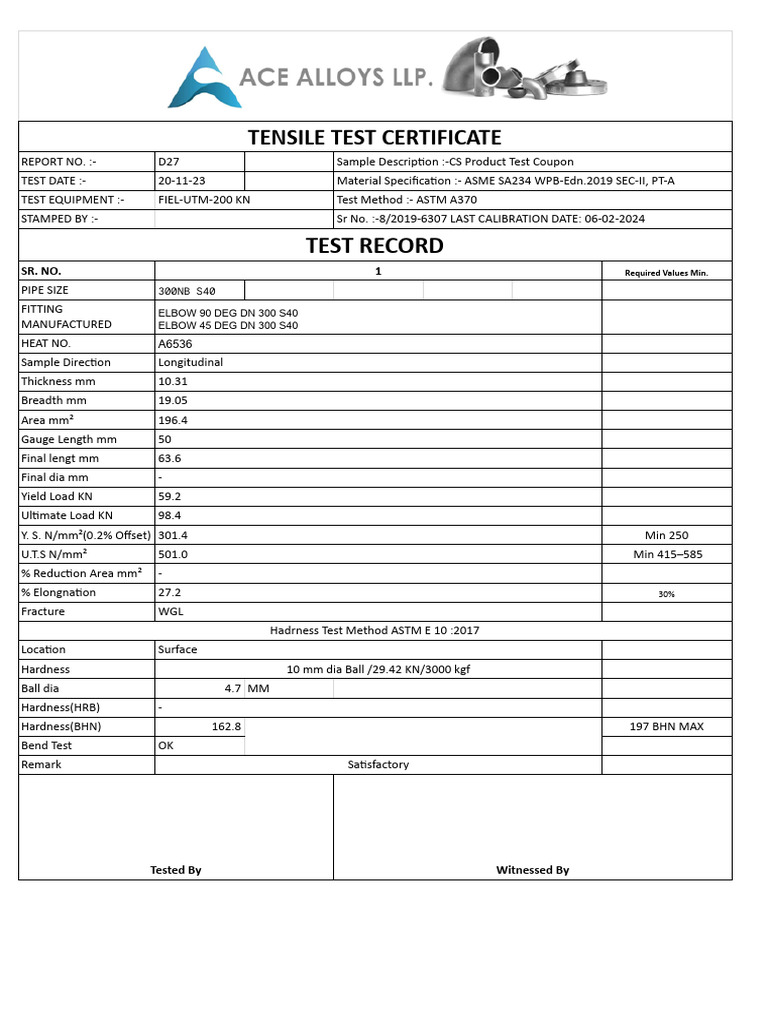 Tensile test certificate pdf