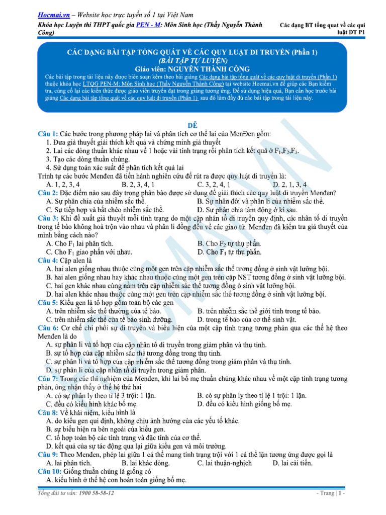 BTTL Cac Dang Bai Tap Tong Quat Ve Quy Luat Di Truyen - Phan 1 - Sinh ...