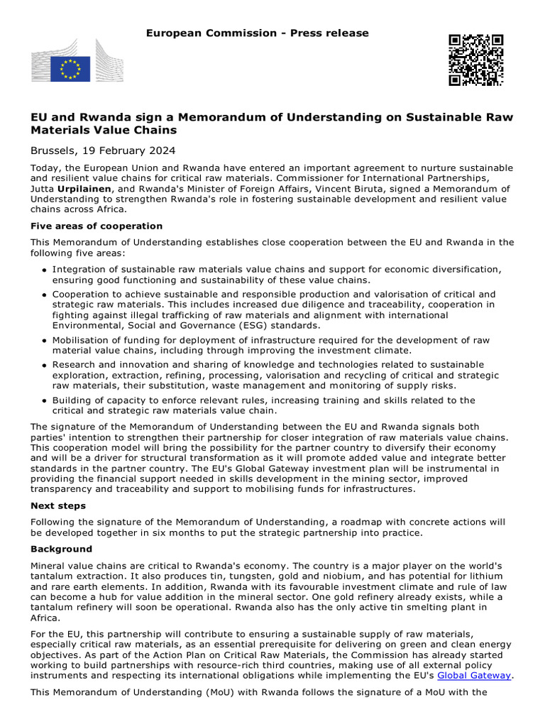 EU and Rwanda Sign A Memorandum of Understanding On Sustainable Raw ...