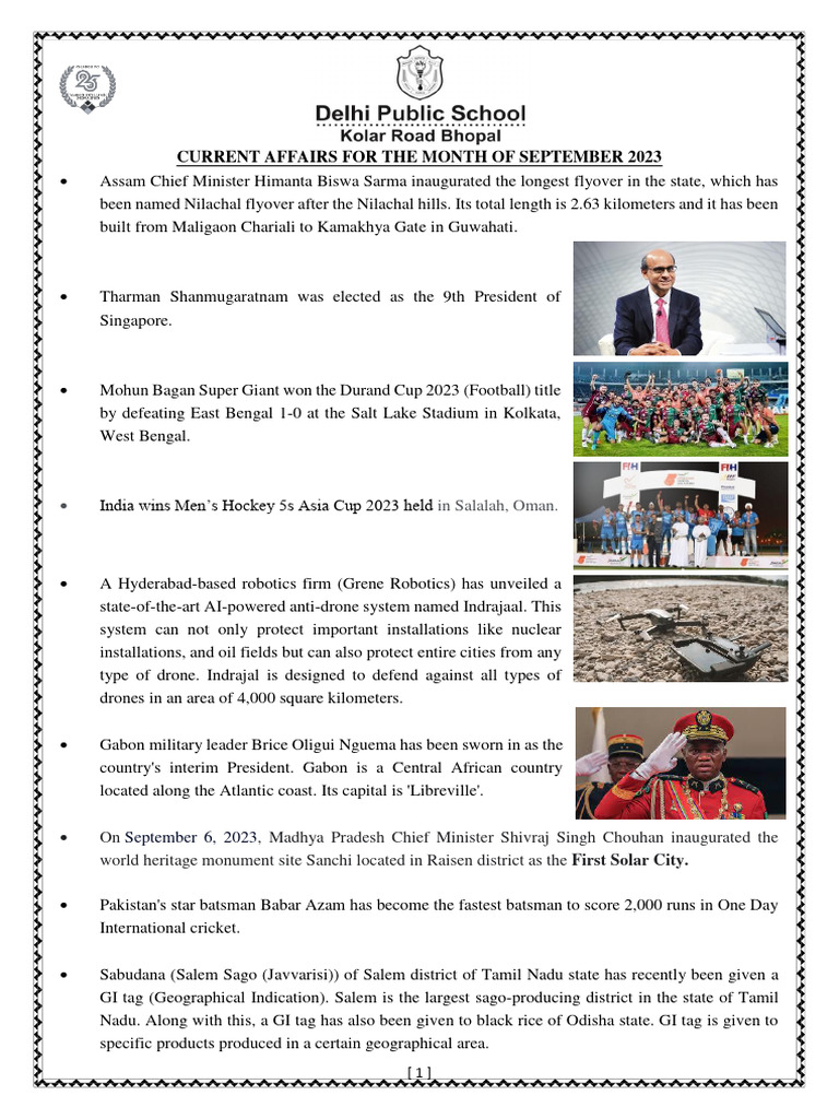 September 2023 Current Affairs Highlights | PDF | Sports