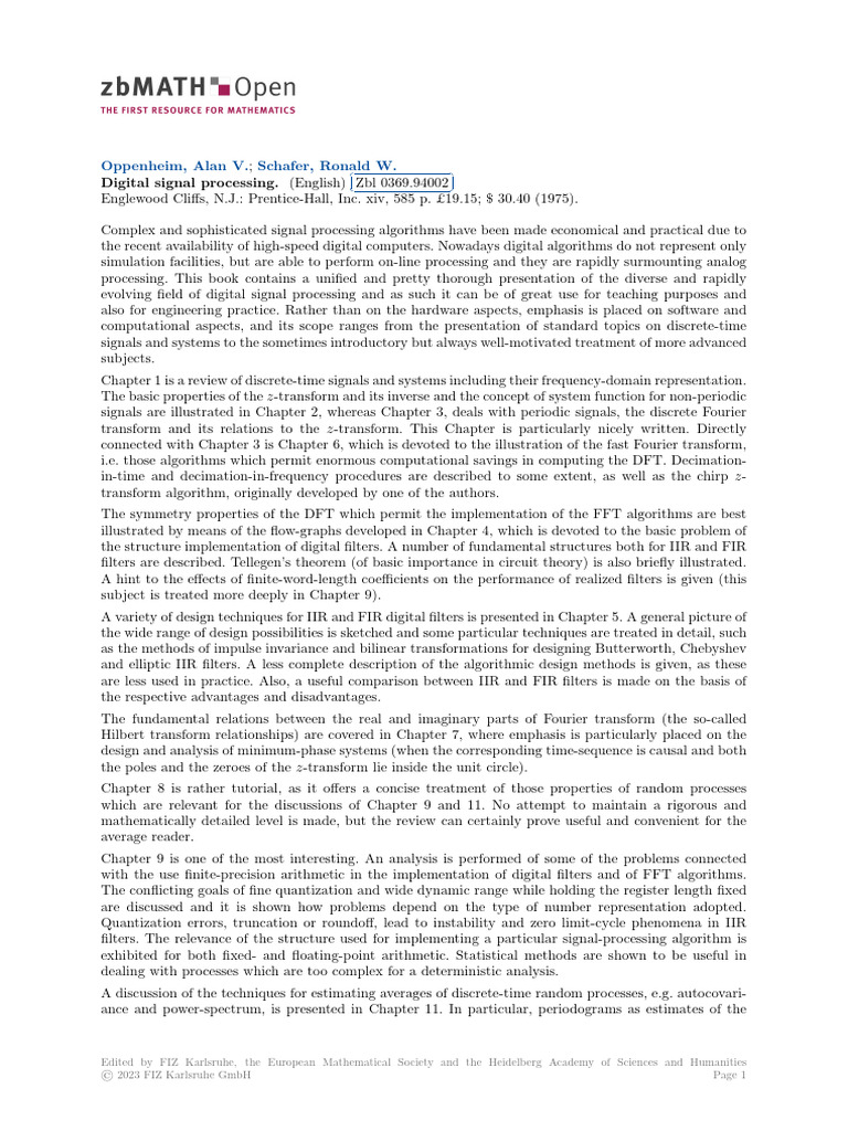 review of Oppenheim and Schafer's Digital Signal Processing Longo