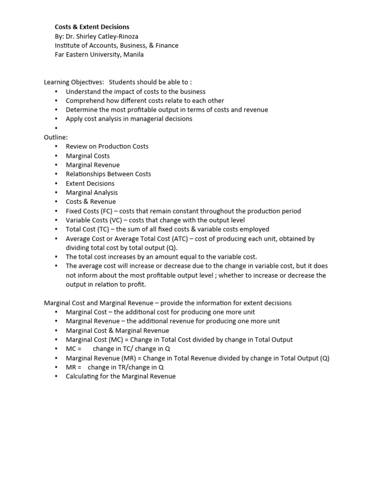 Cost Analysis for Managerial Decisions | PDF | Marginal Cost ...