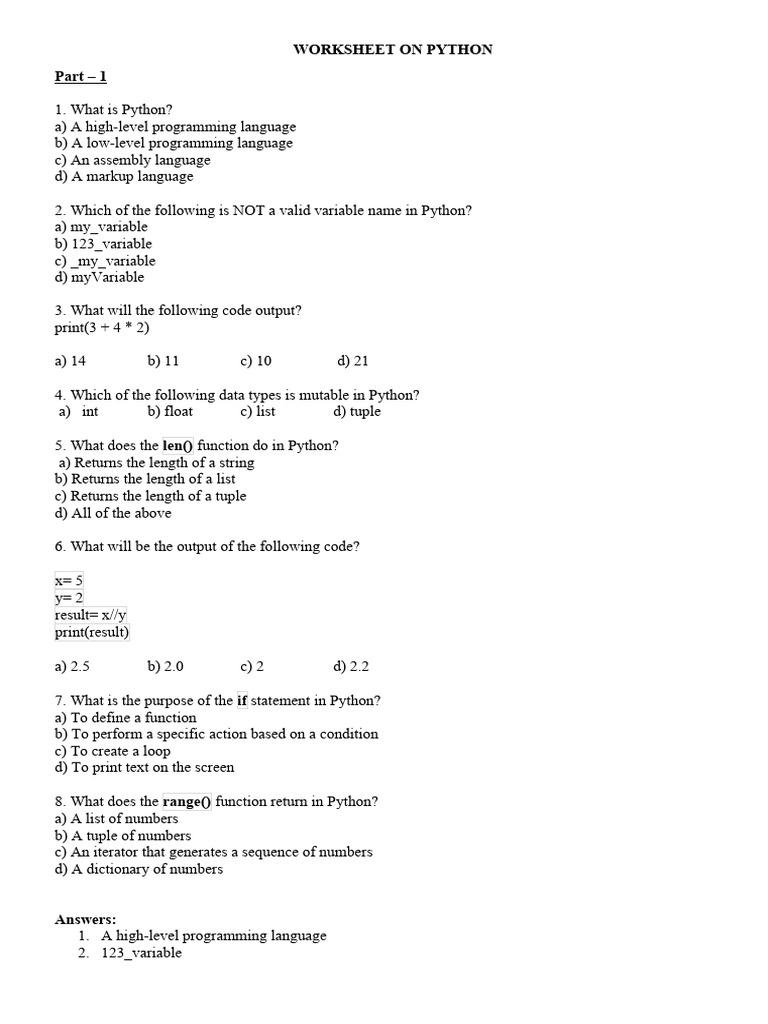Python MCQ Worksheet for Class 8 | PDF | Control Flow | Python ...