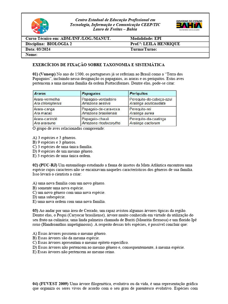Exercícios sobre Taxonomia e Sistemática | PDF | Filogenética | Espécies