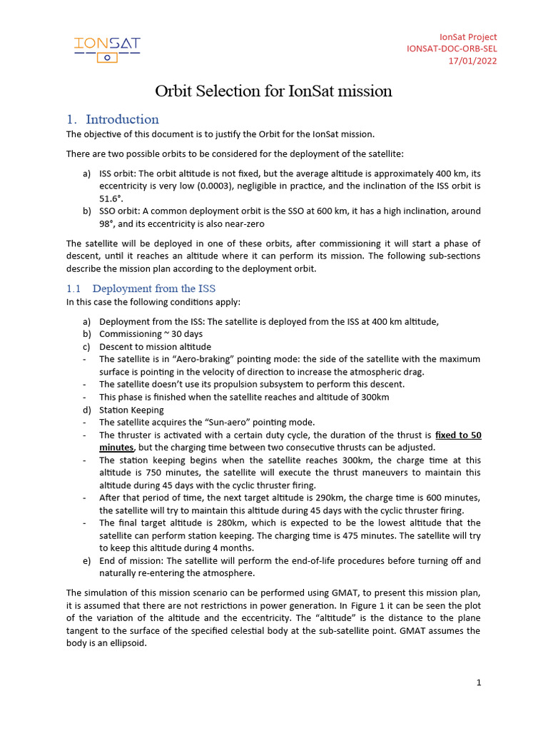 Orbit Selection for IonSat Mission | PDF | Spacecraft Propulsion ...