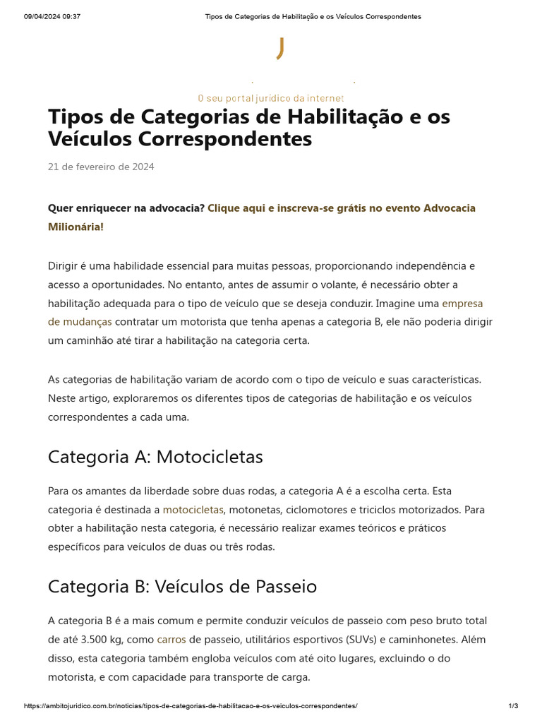 Categorias de Habilitação e Veículos | PDF | Dirigir | Motocicleta
