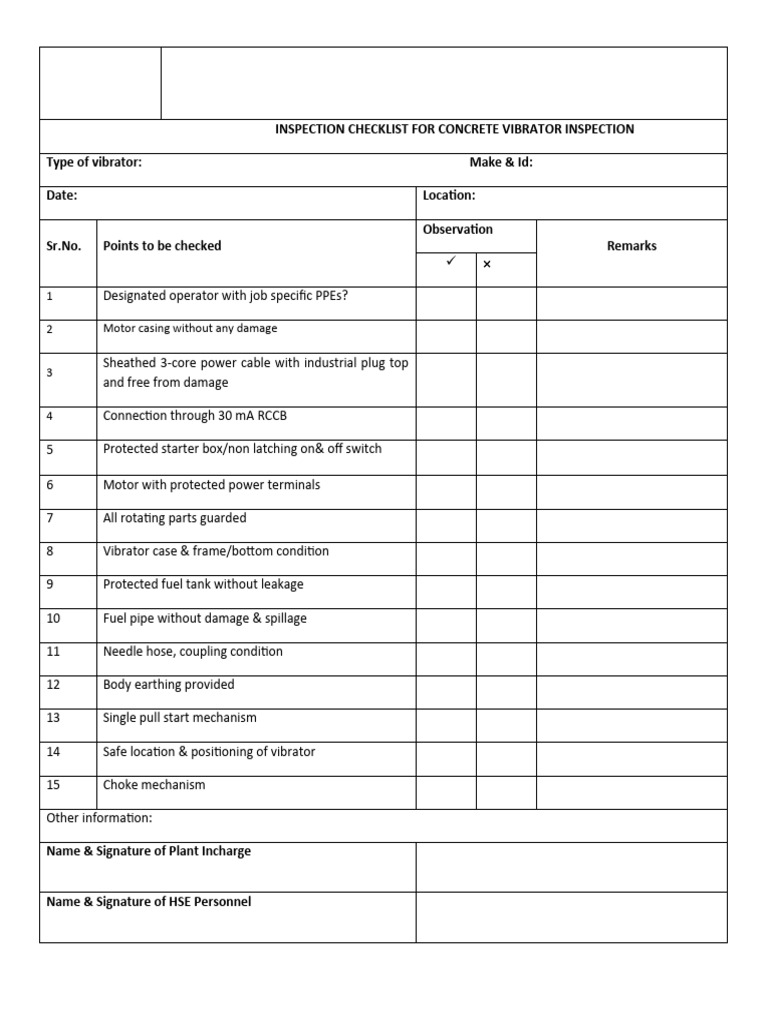 Concrete Vibrator Inspection Checklist | PDF