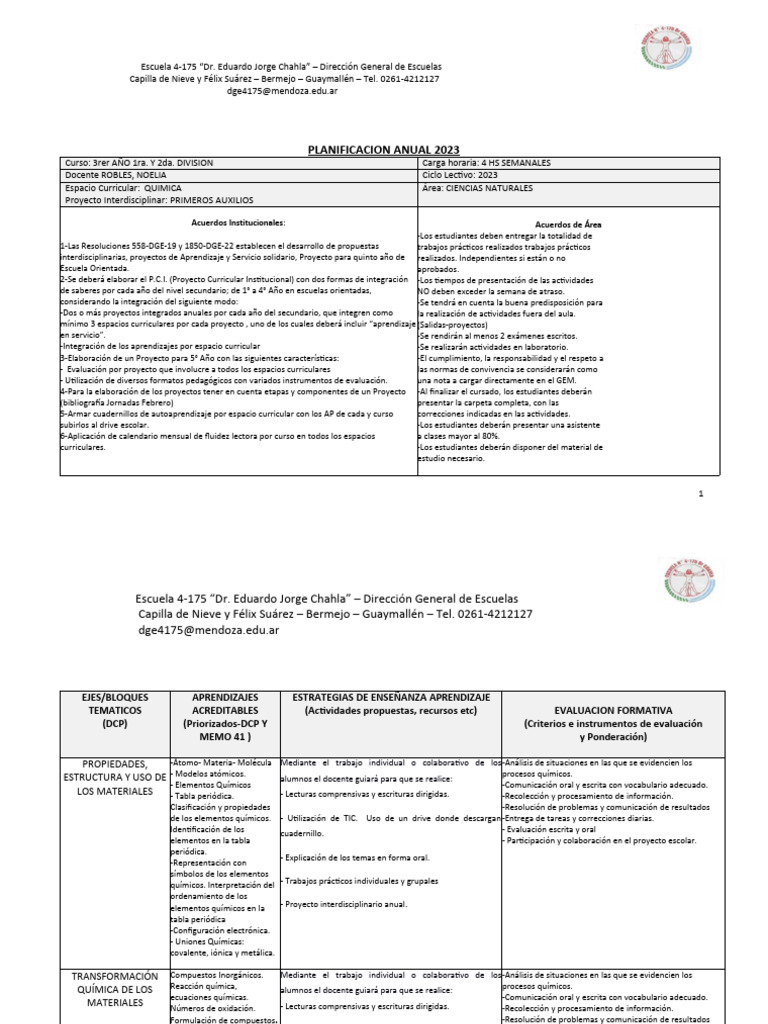 Planificación Anual Química 2023 | PDF | Química | Compuestos químicos