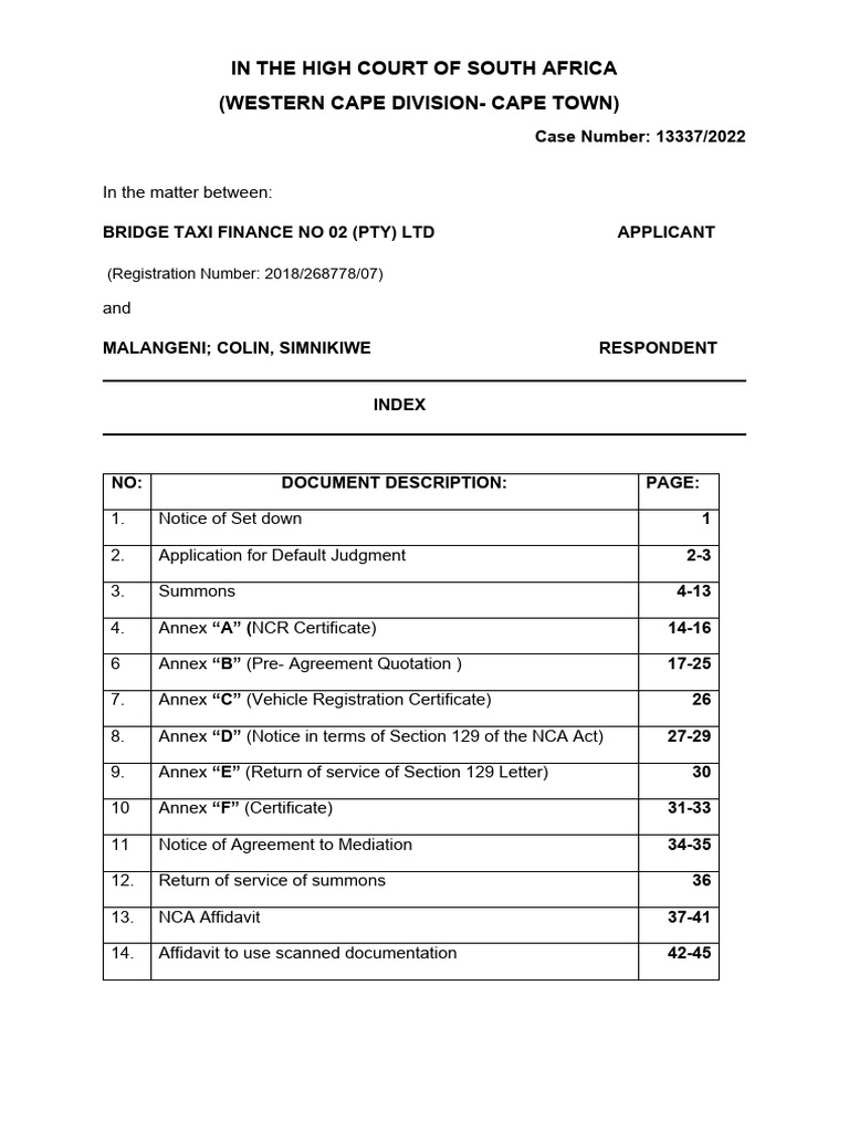 High Court Case Bridge Taxi Finance Vs Malangeni Pdf Law