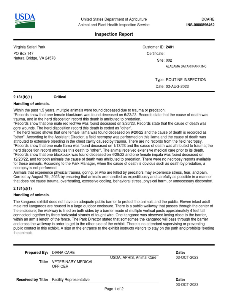 PST Inspection Report Virginia Safari Park | Download Free PDF | Bovidae