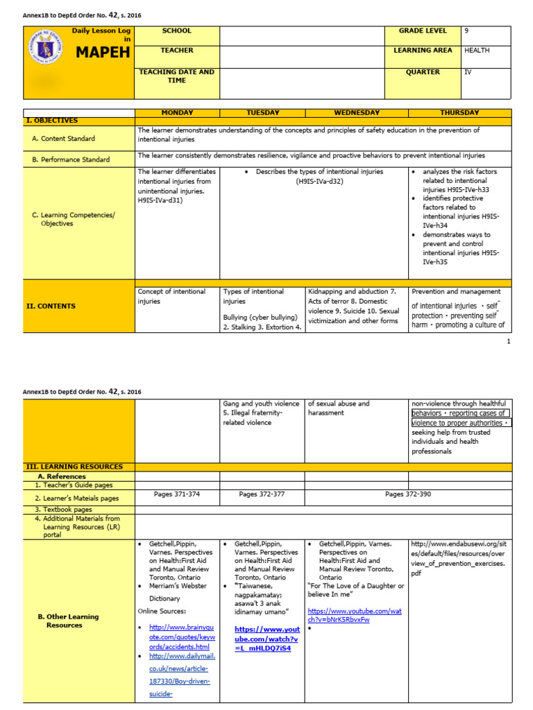 Daily Lesson Log for MAPEH Health Grade 9 | PDF | Learning | Violence