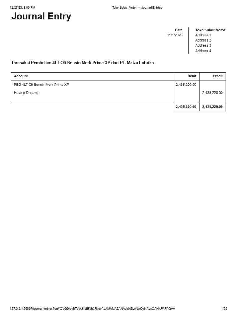 Toko Subur Motor Journal Entries | PDF | Debits And Credits | Financial ...