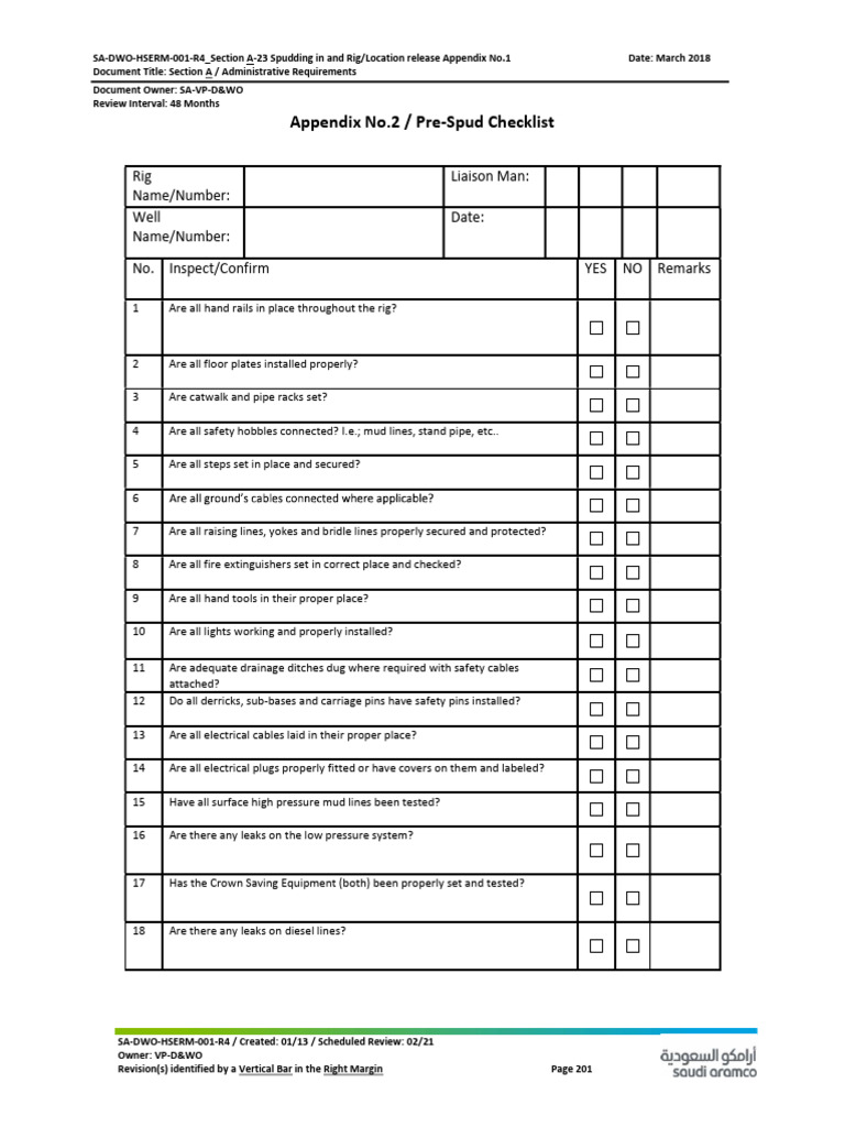 Pre-Spud Safety Inspection Checklist | PDF | Pipe (Fluid Conveyance ...
