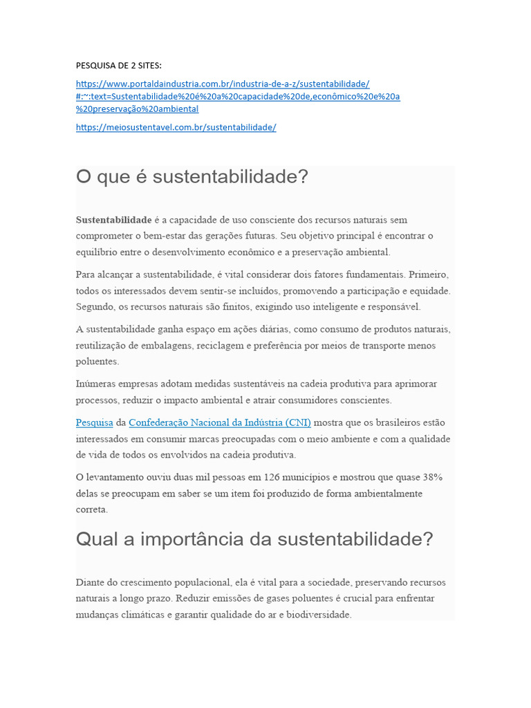 Pesquisa Sobre Sustentabilidade - Yanny | PDF | Sustentabilidade | Economia