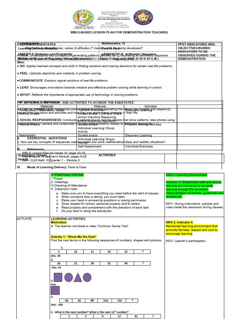 Arithmetic Sequence Lesson Plan | PDF | Learning | Arithmetic