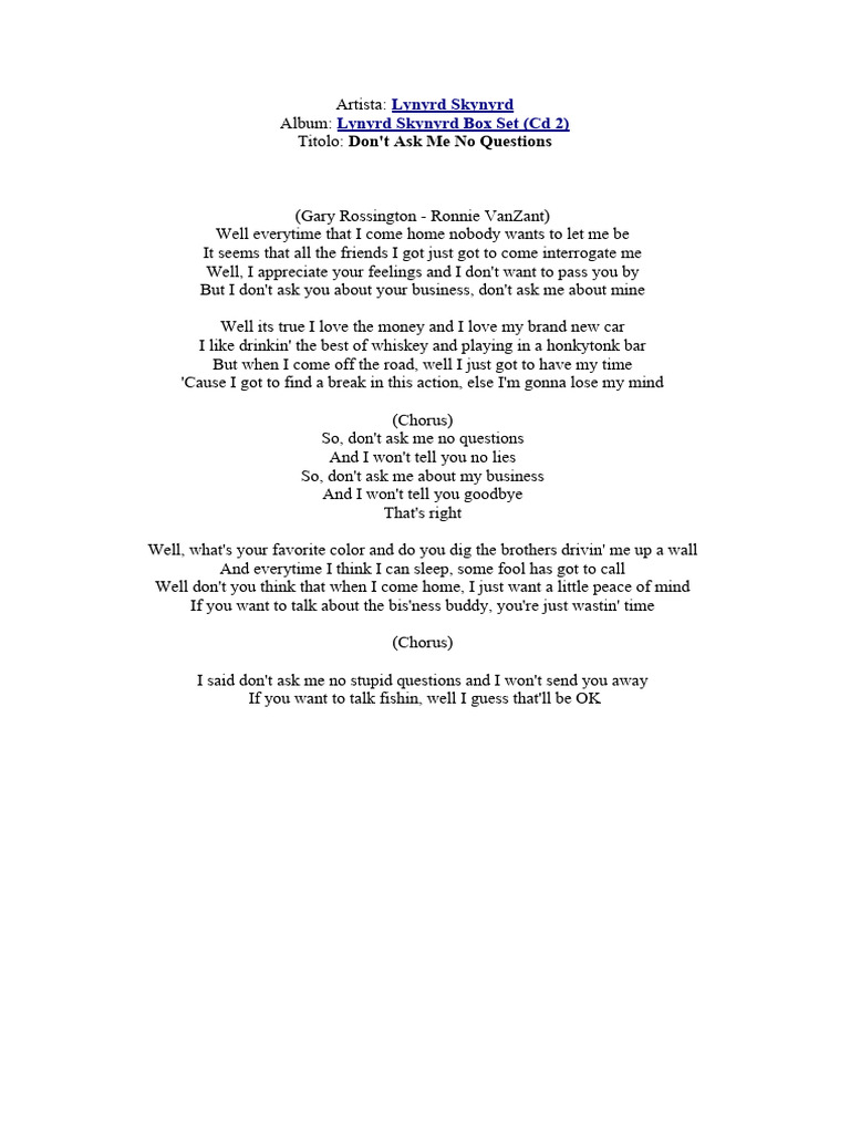 Lynyrd Skynyrd - Don't ask me no questions | PDF