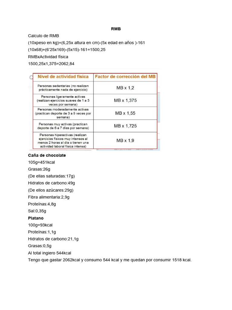Cálculo de RMB y Distribución Calórica | PDF | Salud y bienestar