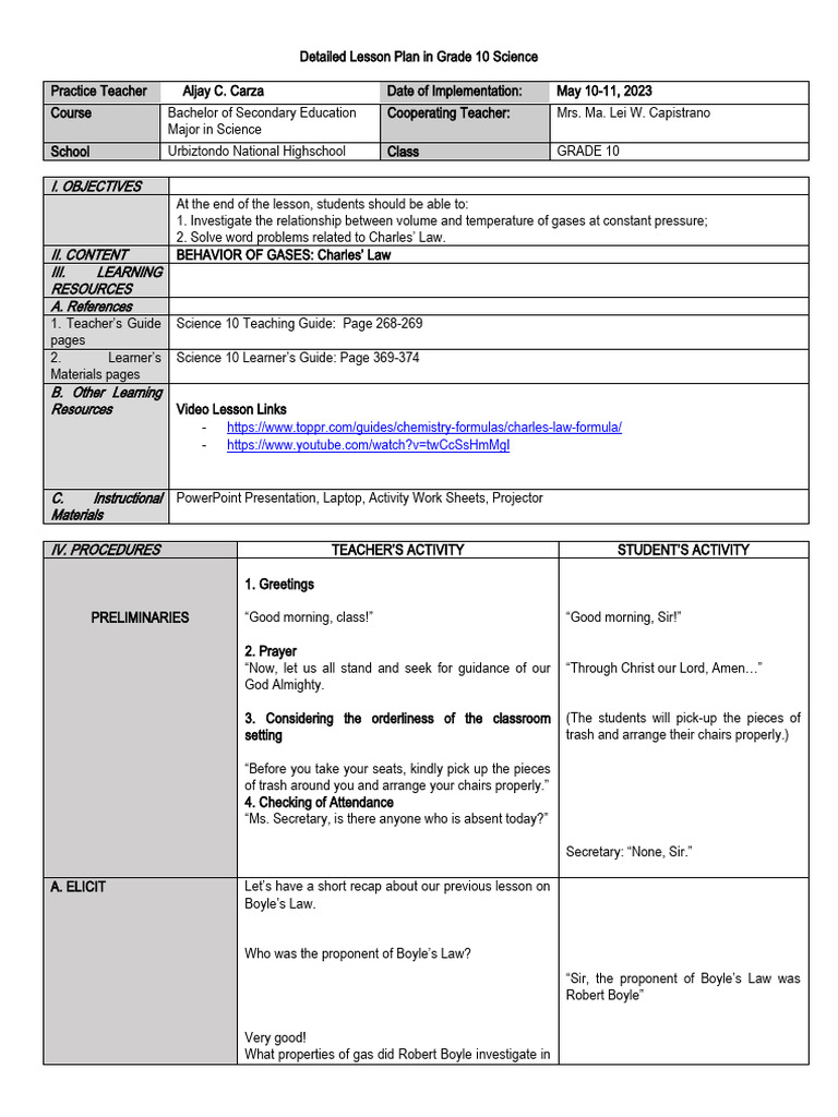 Charles' Law Lesson Plan for Grade 10 | PDF | Gases | Temperature