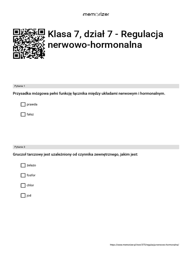 Regulacja Nerwowo Hormonalna Sprawdzian Klasa 7 Pdf Klasa 7, Dział 7 - Regulacja Nerwowo-Hormonalna - ROZWIĄŻ | PDF