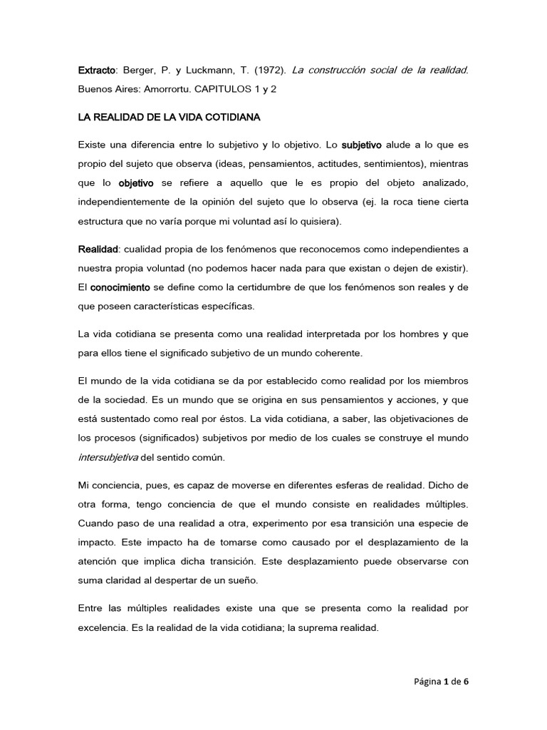 Berger Y Luckman La Construcción Social De La Realidad Pdf Realidad