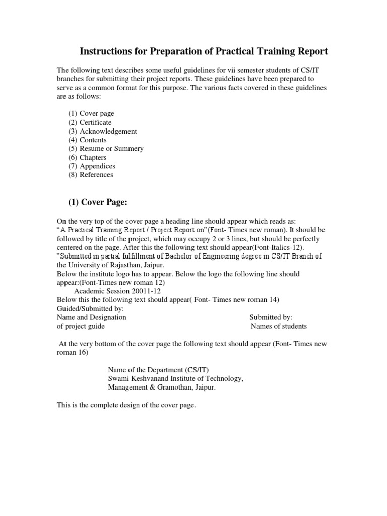 Instructions For Preparation of Practical Training Report | PDF | Ellipsis