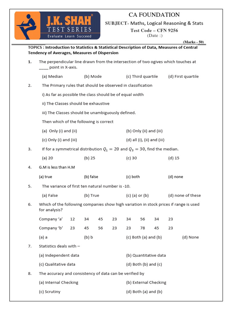 CFN 9256 Maths, Logical Reasoning & Stats QUESTION PAPER | PDF | Mean ...
