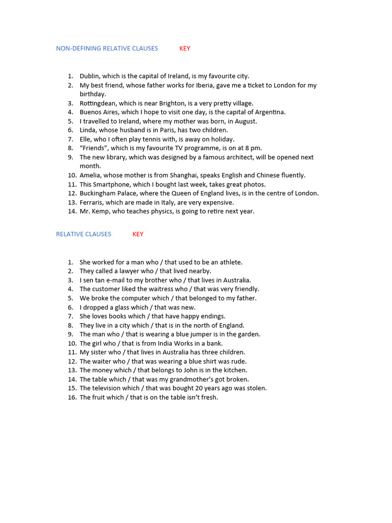Non-Defining Relative Clauses Key | PDF