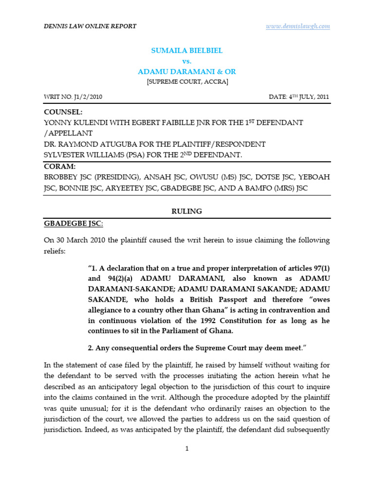 Sumaila Bielbiel v Adamu Daramani Ruling | PDF | Lawsuit | Jurisdiction