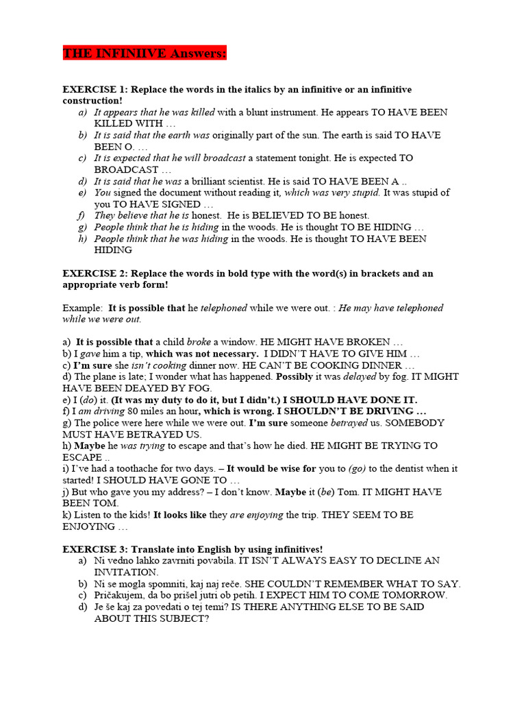 Infinitive and Participle Exercises | PDF | Language Arts & Discipline ...
