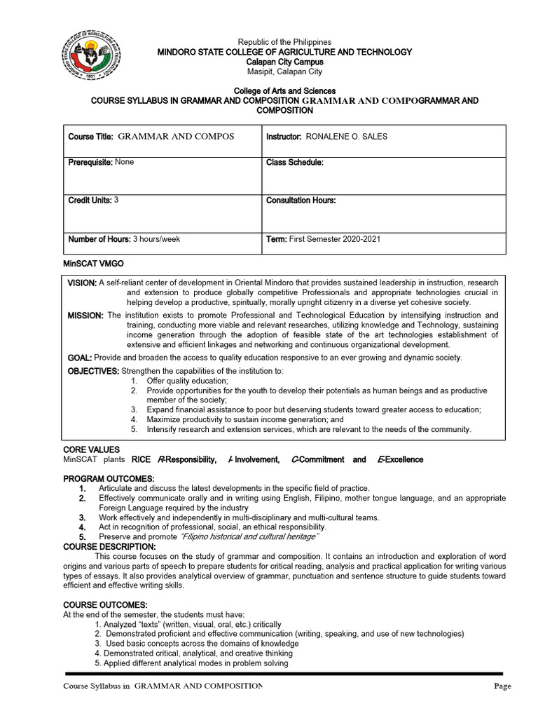 Grammar and Composition Syllabus | PDF | Verb | Part Of Speech