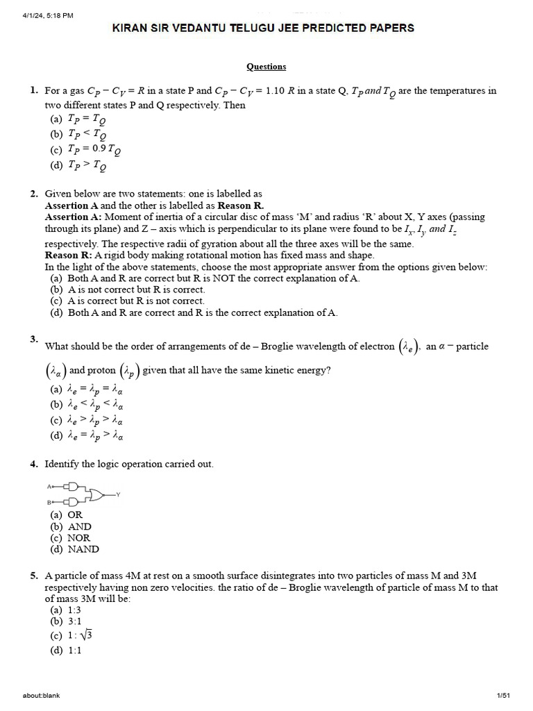 Vedantu - JEE Main Simulator: and T | PDF | Chemistry | Physical Sciences