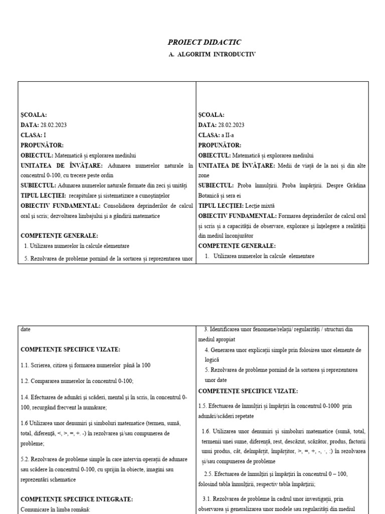 PROIECT DIDACTIC Simultan MEM Adunarea ZU / Proba Inmultirii Si A ...