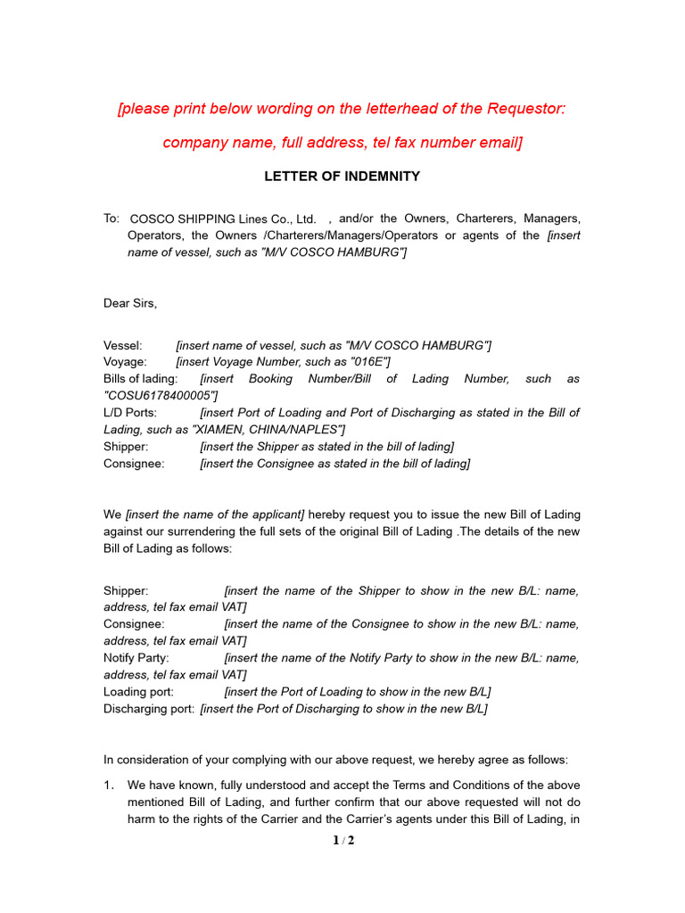 Indemnity Letter for Bill of Lading | PDF | Bill Of Lading | Indemnity