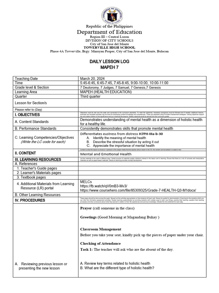 MAPEH 7 Mental Health Lesson Plan | PDF | Stress (Biology) | Learning