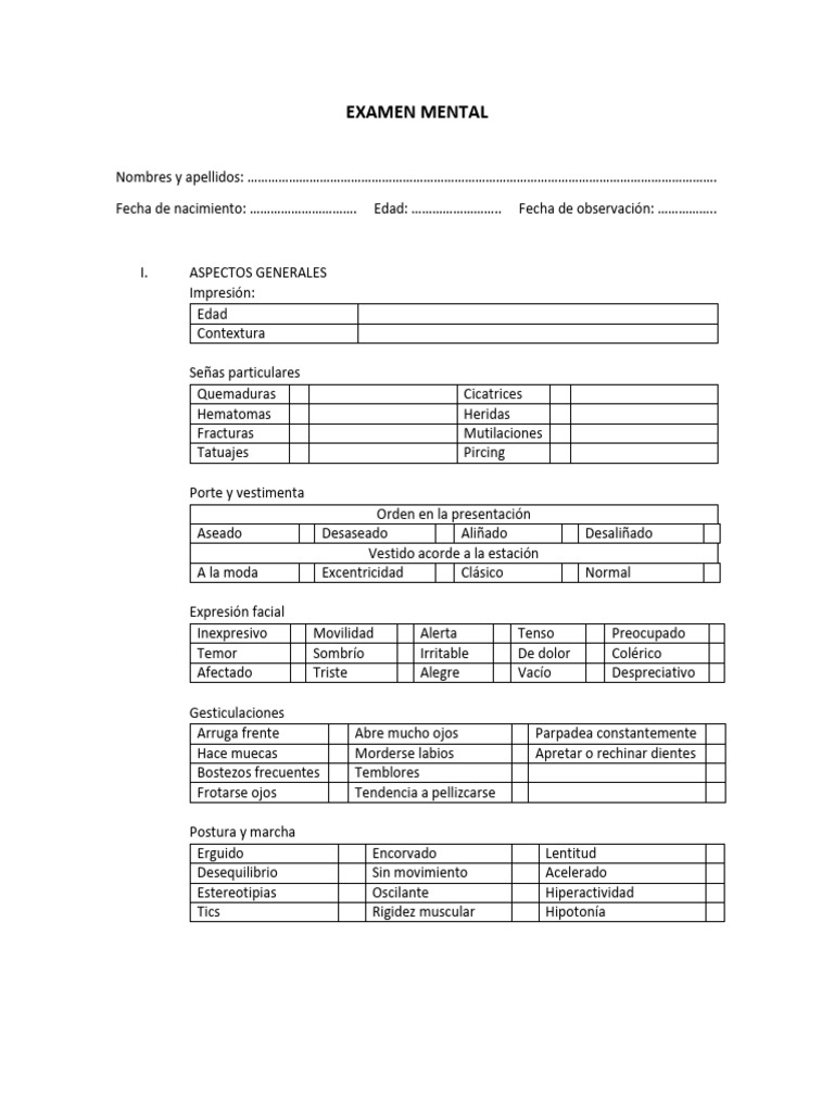 Formato de Examen Mental | Descargar gratis PDF | Depresión (estado de