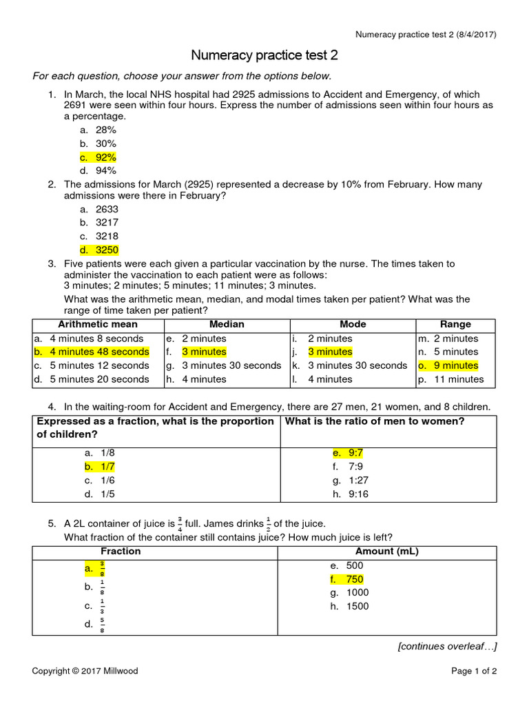 Answers Numeracy Practice Test 2 0 Mock Pdf Percentage Health Care