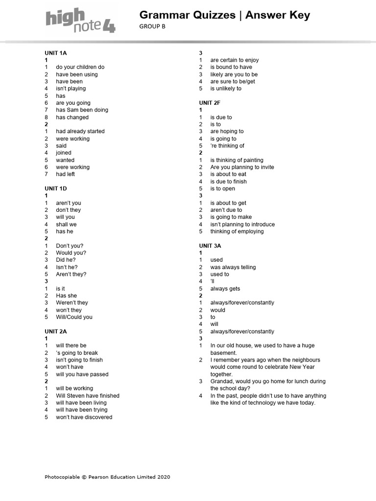 High Note 4 Grammar Quiz Answers | PDF