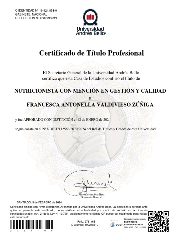 Certificado de Título Nutricionista UNAB | PDF