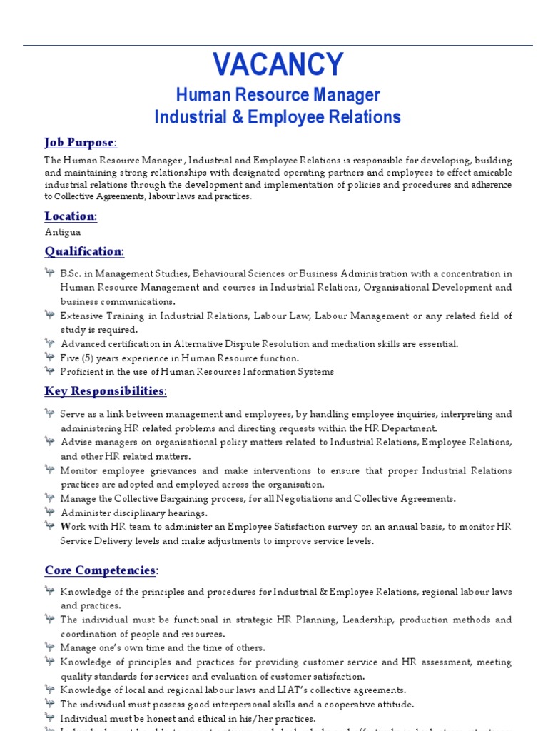 Vacancy Notice Human Resource Manager Industrial Employee Relations