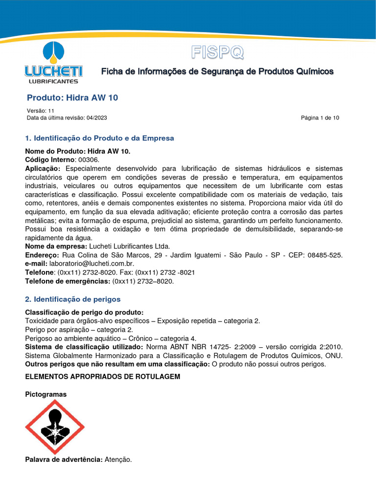 Hidra AW 10 Lucheti | PDF | Solubilidade | Desperdício