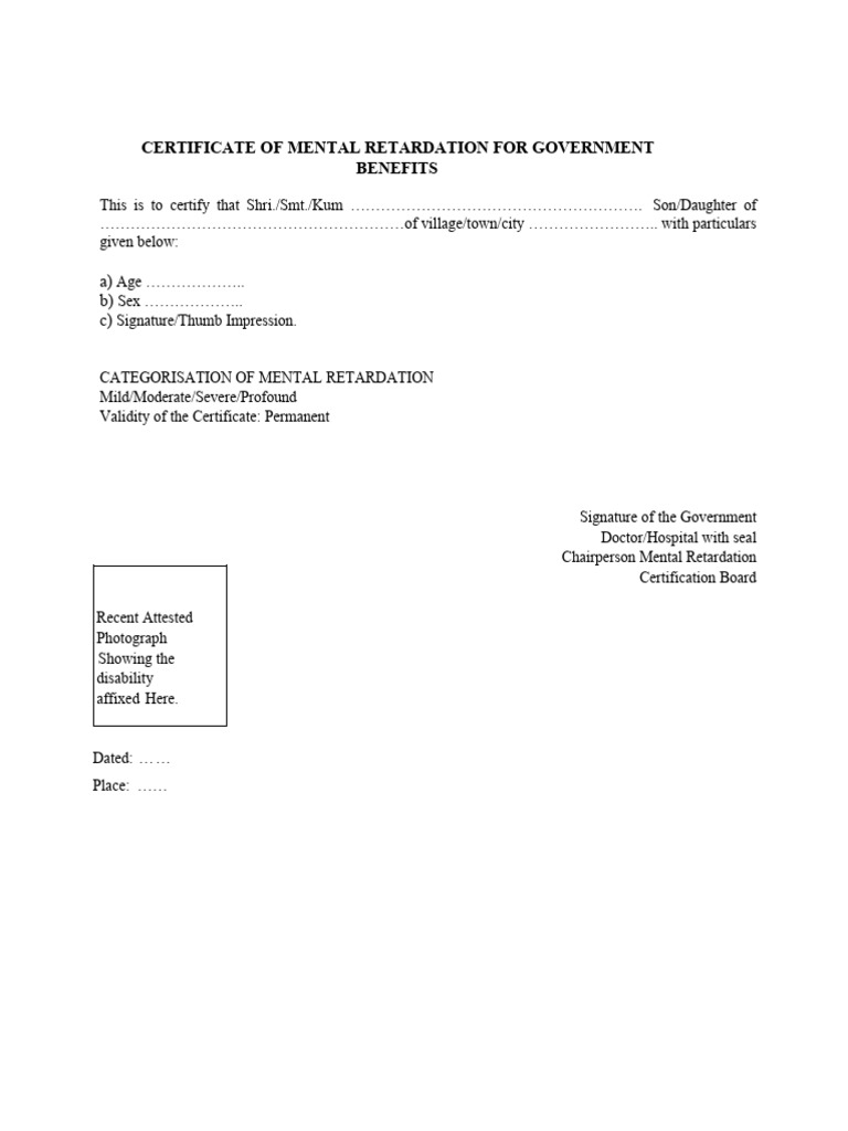 12a Format Disability Certificate for Mental Retardation PDF 12a Format Disability Certificate for Mental Retardation PDF