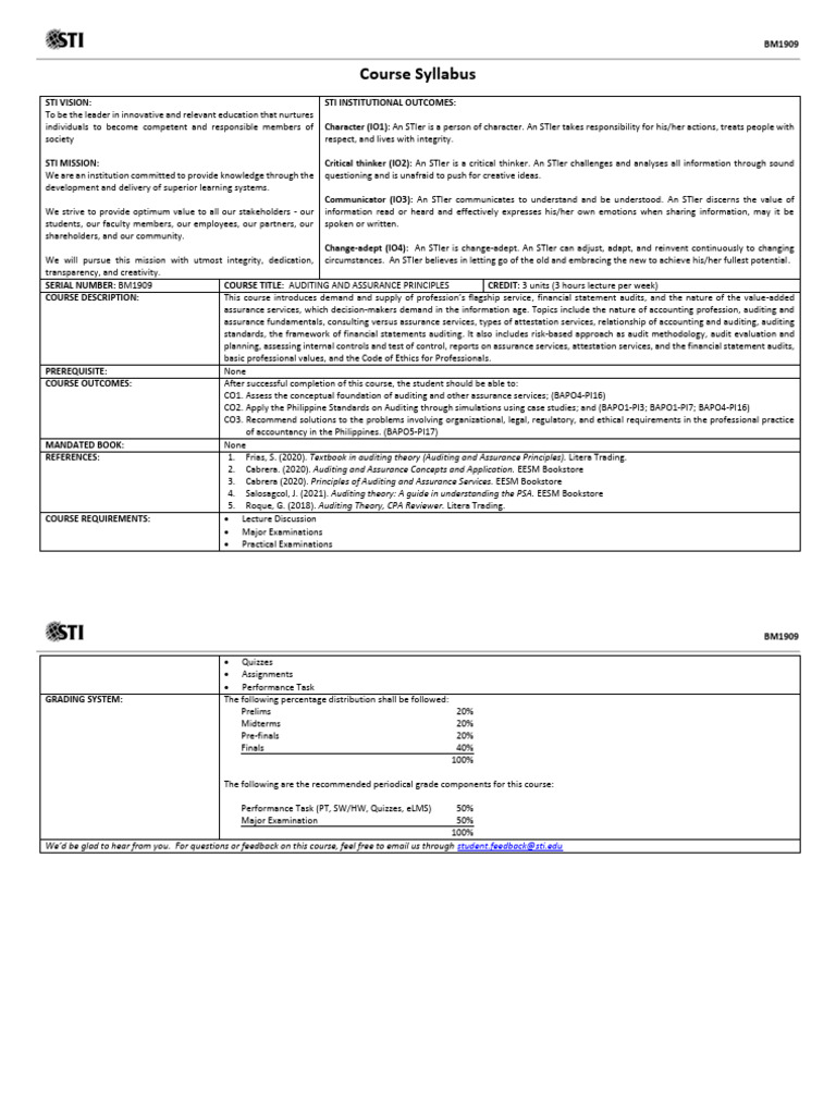 Auditing and Assurance Principles Syllabus | PDF | Audit | Internal Control
