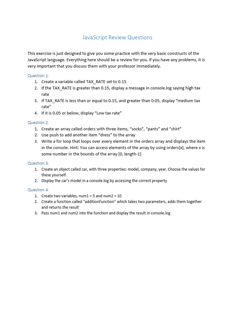 JavaScript Review Practice Questions | PDF