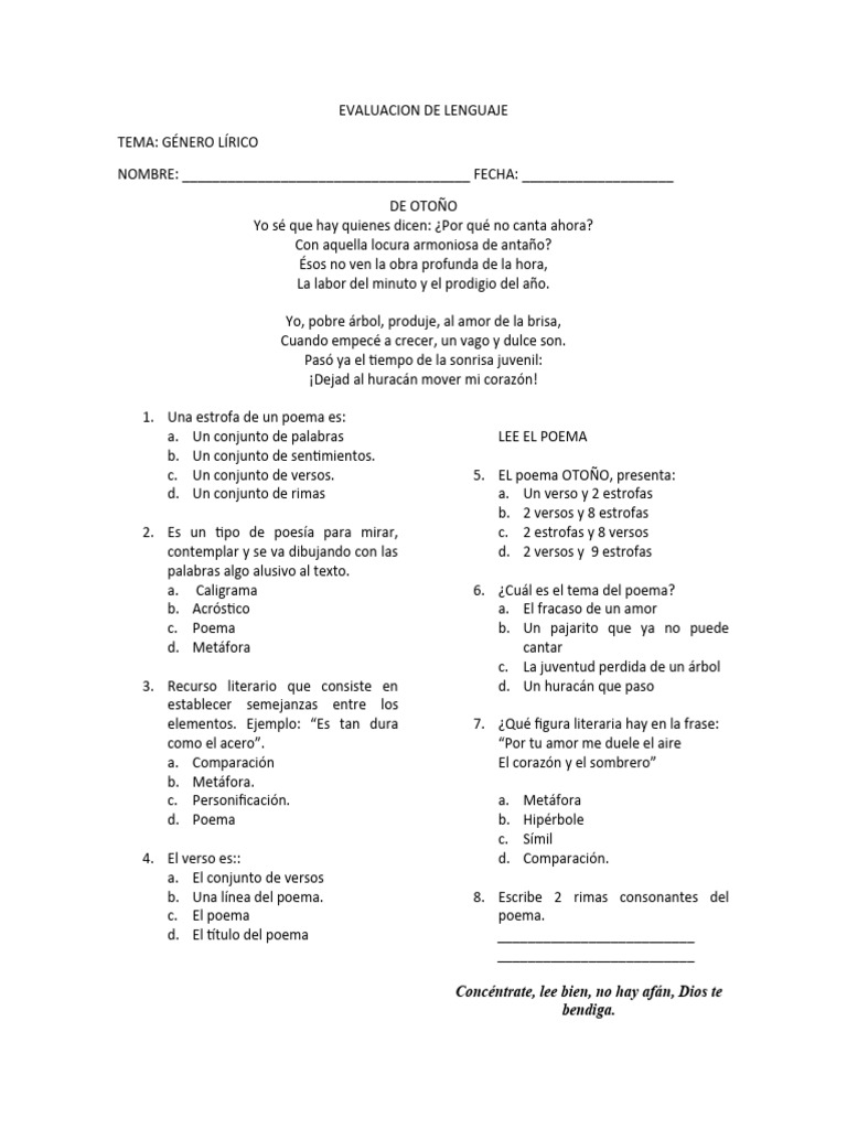 Evaluación de Poesía para Quinto Grado | PDF | Poesía | Metáfora