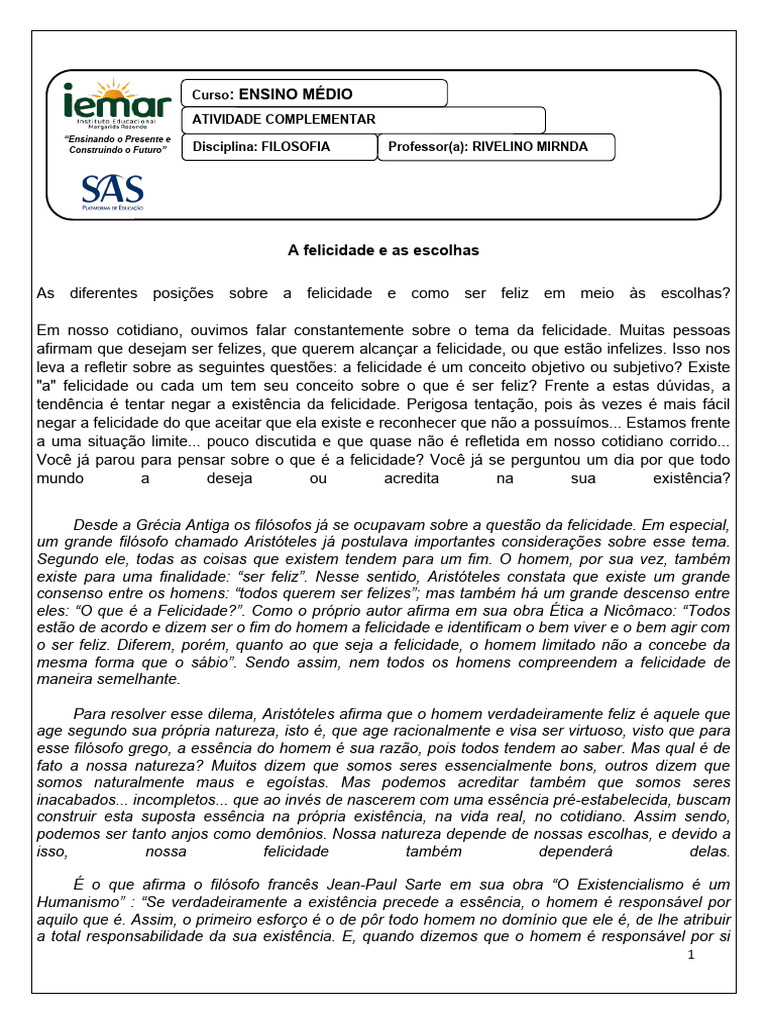 Atividades de Filosofia - Ensino Médio (1º, 2º e 3º) | PDF | Felicidade ...