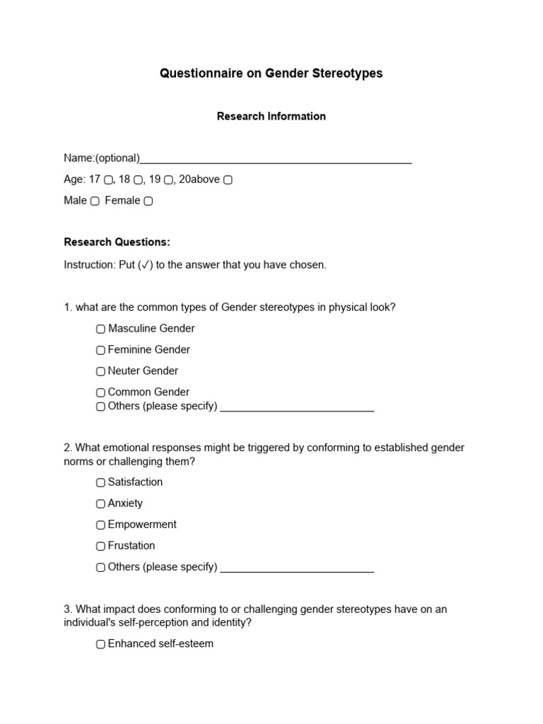 Gender Stereotypes Questionnaire | PDF | Self-Improvement | Lifestyle